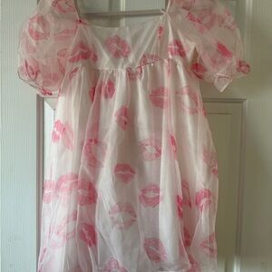 Pink Lip Print Sheer Dress